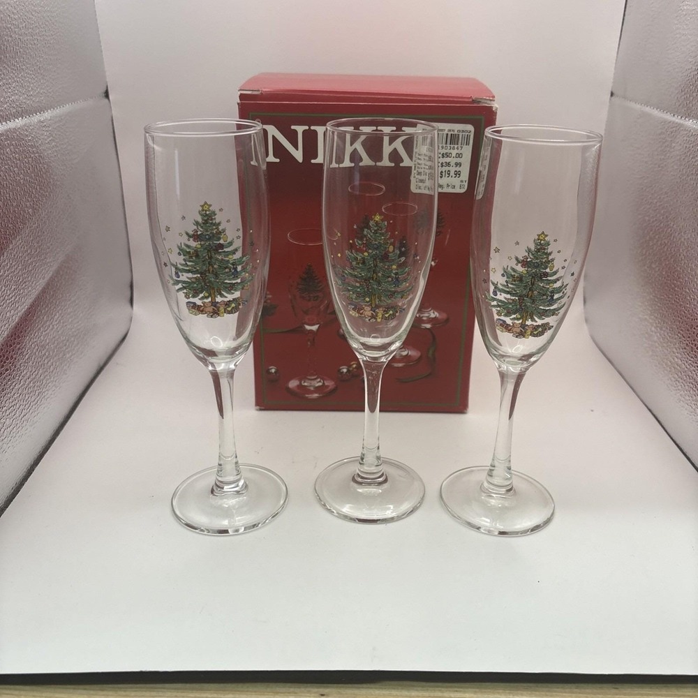 Vtg~Nikko~Christmastime/Happy Holidays~Set of 3~Flute Champagne~5.75 oz.~IOB
